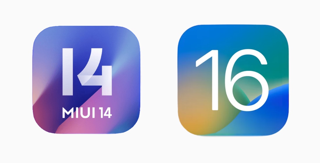 Логотипы MIUI 14 и iOS 16