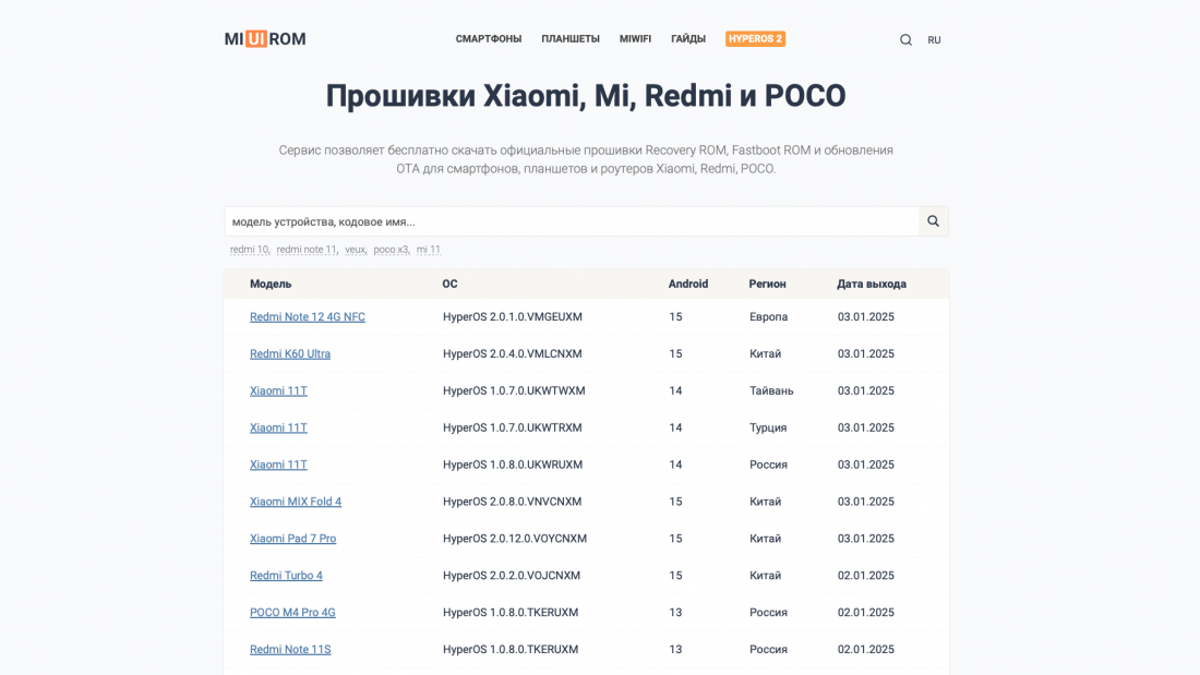 поиск прошивки HyperOS и MIUI на сайте miuirom