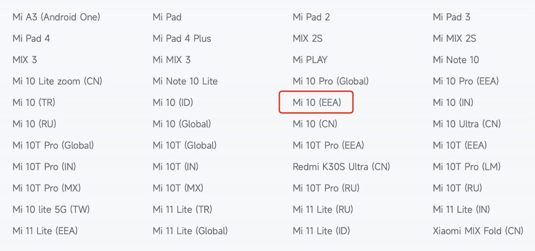 Xiaomi Mi 10 in EOS list